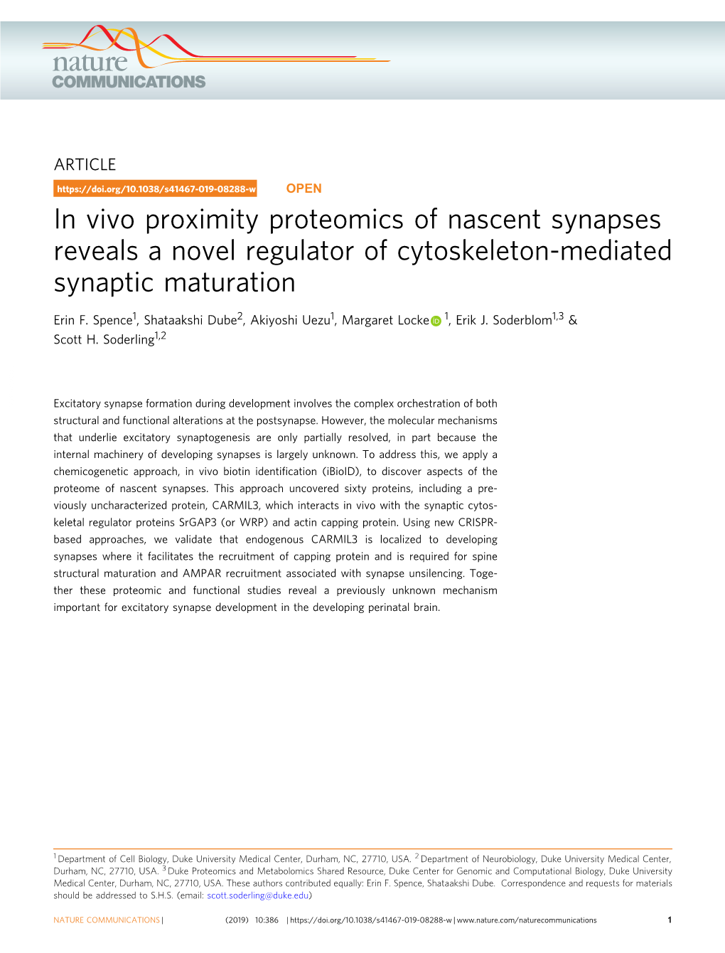 In Vivo Proximity Proteomics of Nascent Synapses Reveals a Novel Regulator of Cytoskeleton-Mediated Synaptic Maturation