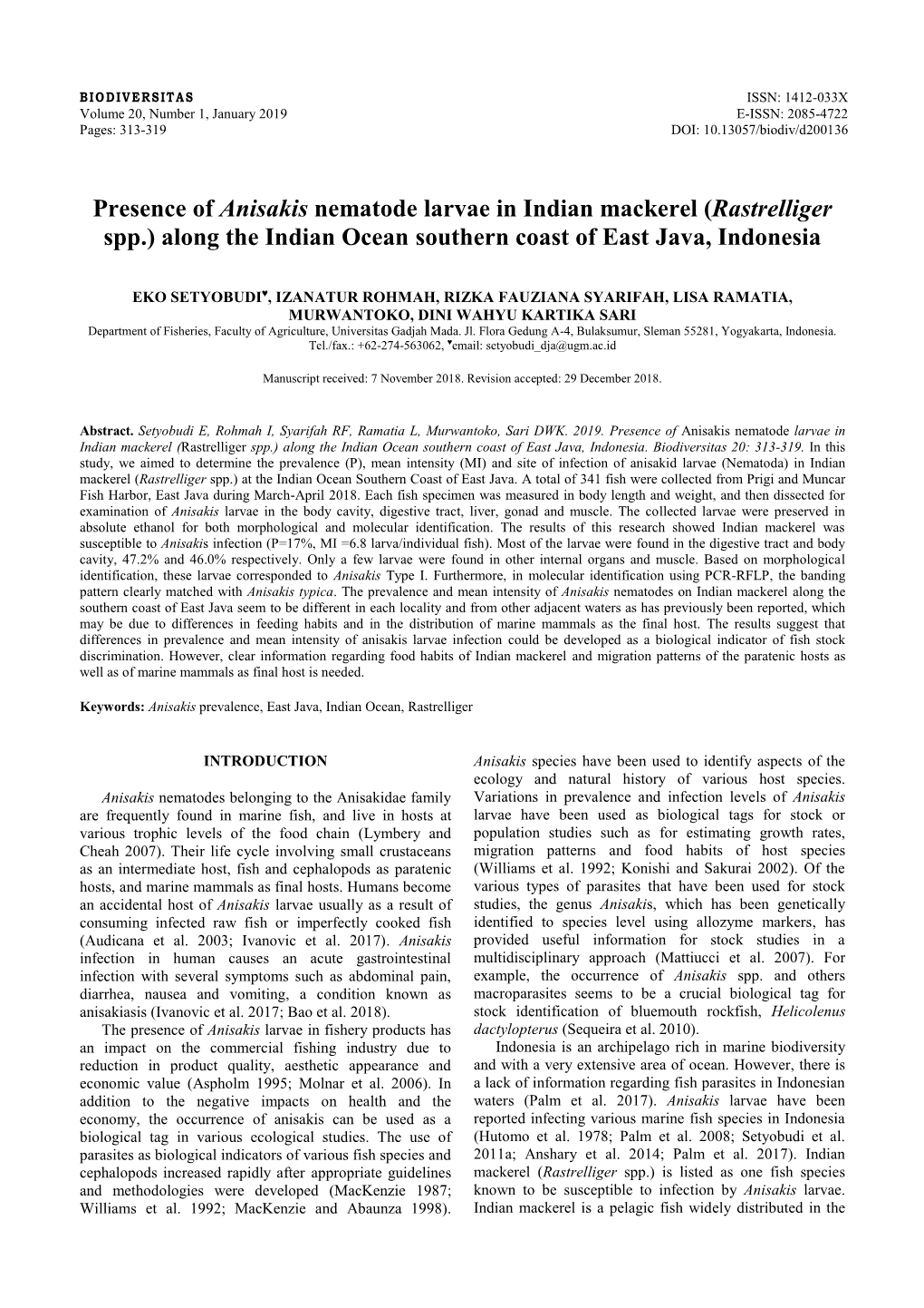 Presence of Anisakis Nematode Larvae in Indian Mackerel (Rastrelliger Spp.) Along the Indian Ocean Southern Coast of East Java, Indonesia