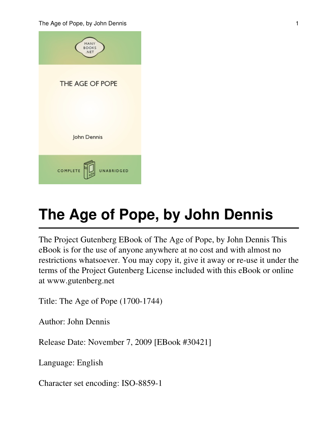 The Age of Pope, by John Dennis 1