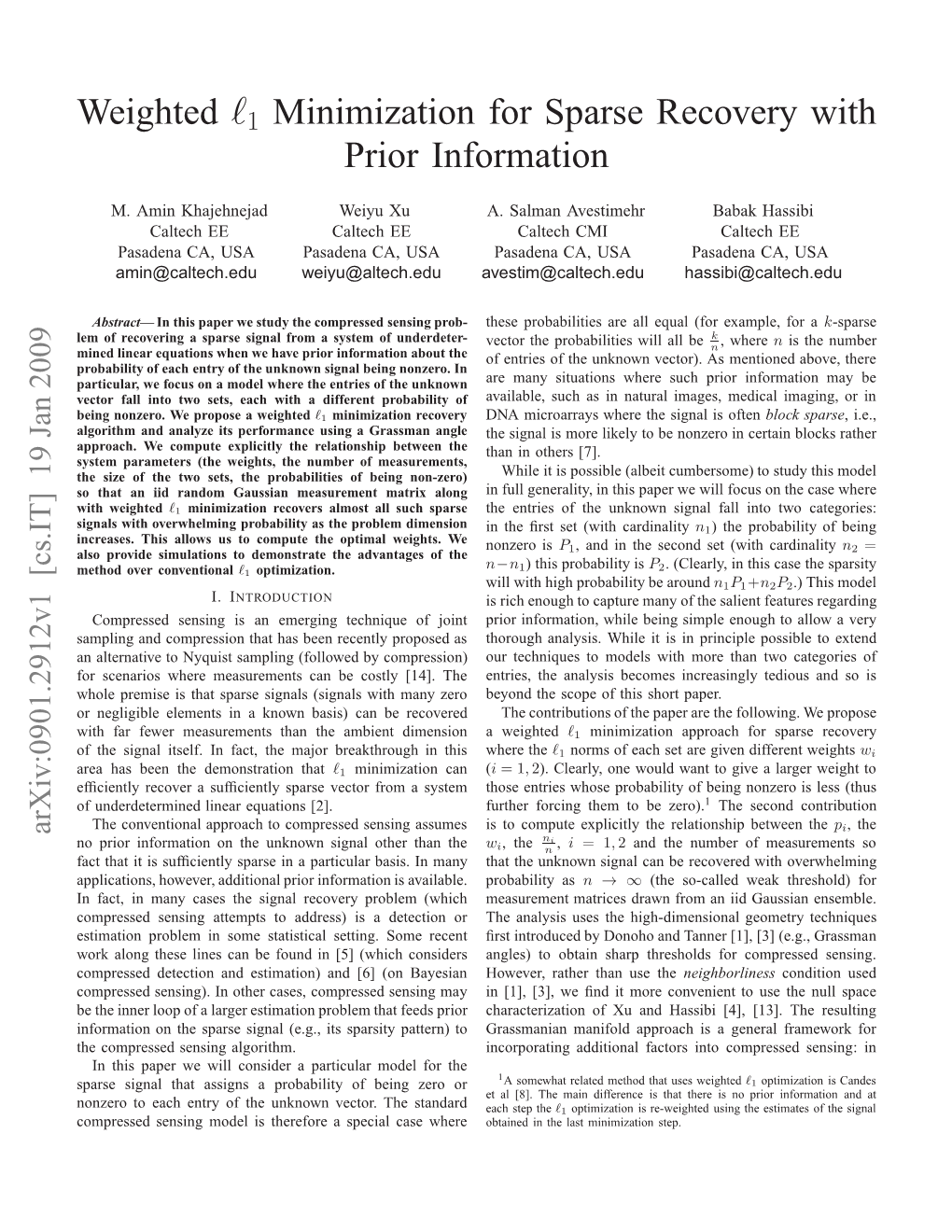 Weighted L1 Minimization for Sparse Recovery with Prior Information