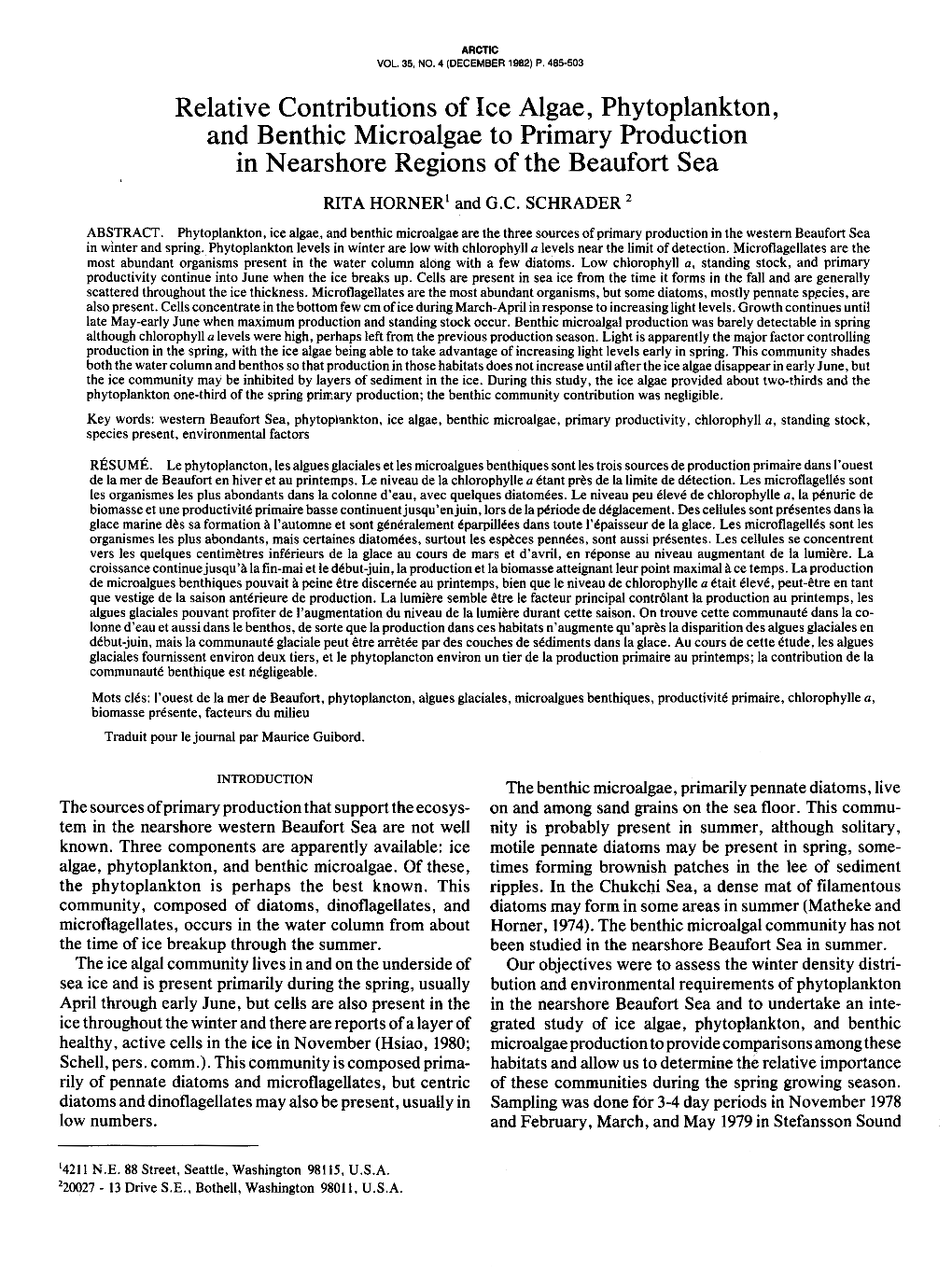 Relative Contributions of Ice Algae, Phytoplankton, and Benthic Microalgae to Primary Production in Nearshore Regions of the Beaufort Sea RITA HORNER’ Andg.C