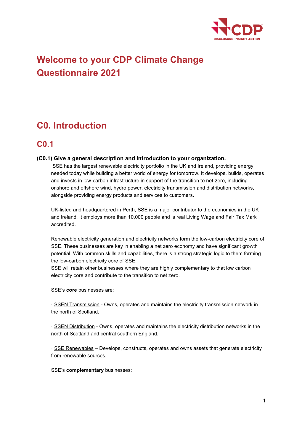 Your CDP Climate Change Questionnaire 2021 C0. Introduction