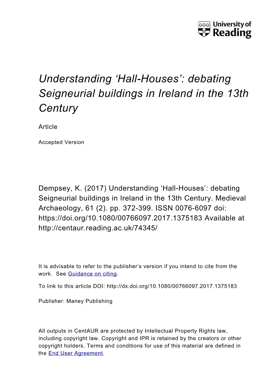 Hall-Houses’: Debating Seigneurial Buildings in Ireland in the 13Th Century