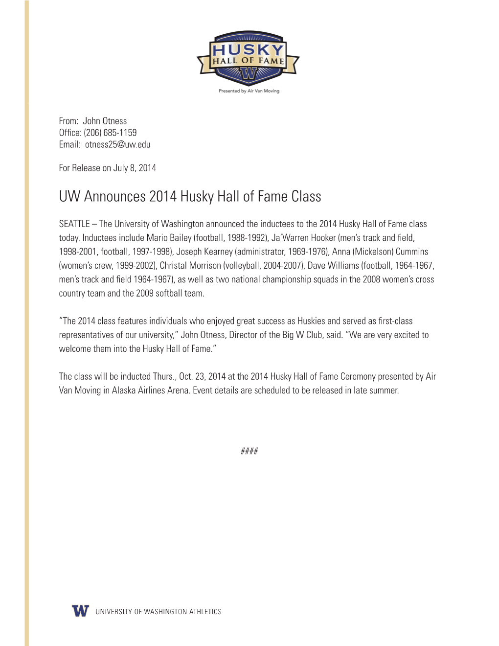 UW Announces 2014 Husky Hall of Fame Class
