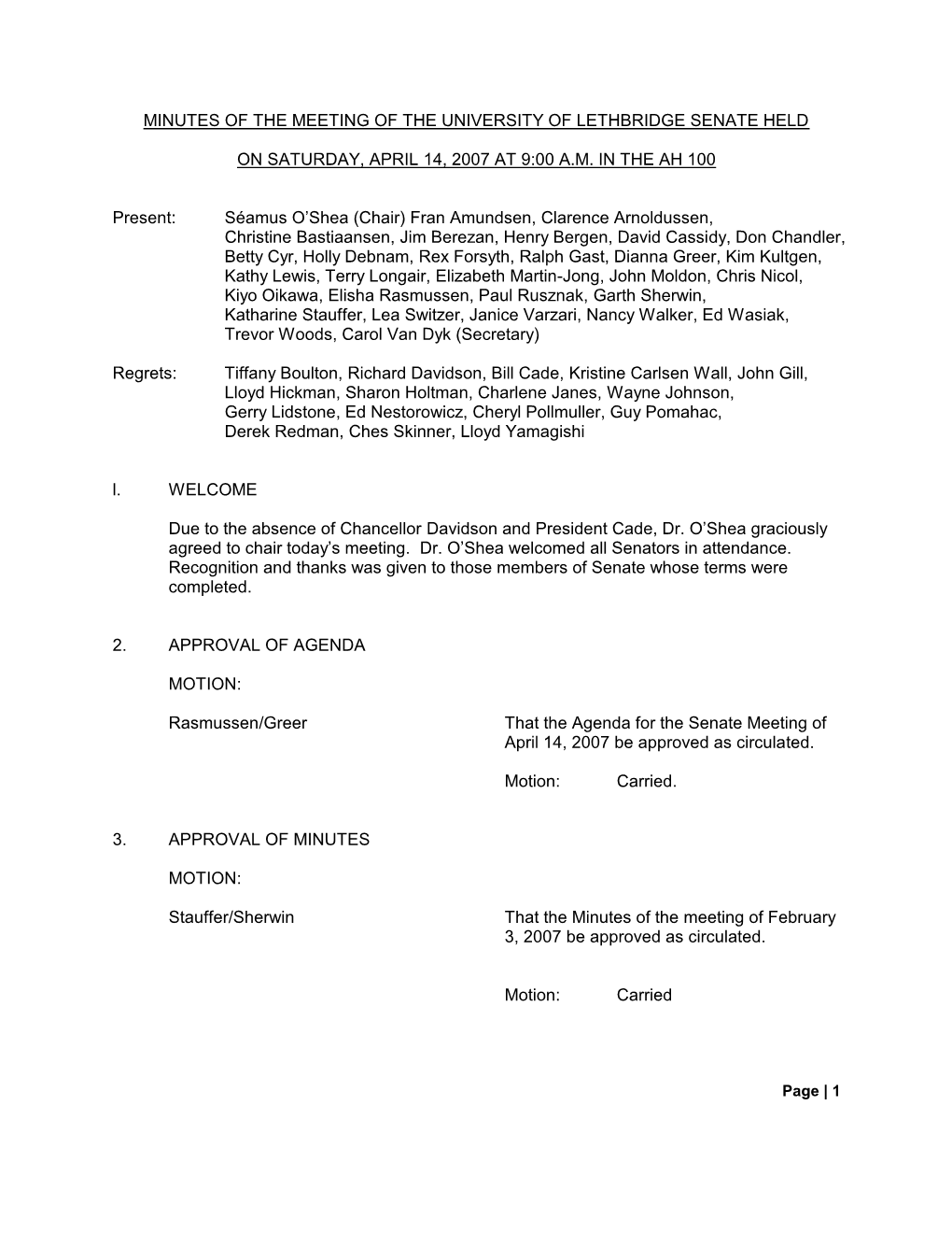 Minutes of the Meeting of the University of Lethbridge Senate Held