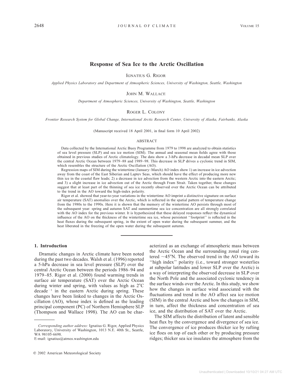 Response of Sea Ice to the Arctic Oscillation