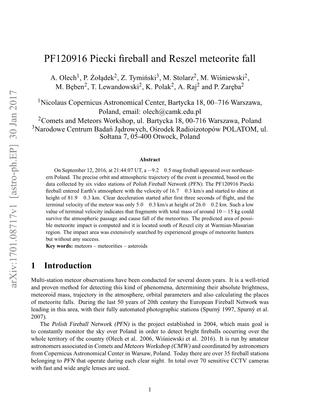 PF120916 Piecki Fireball and Reszel Meteorite Fall