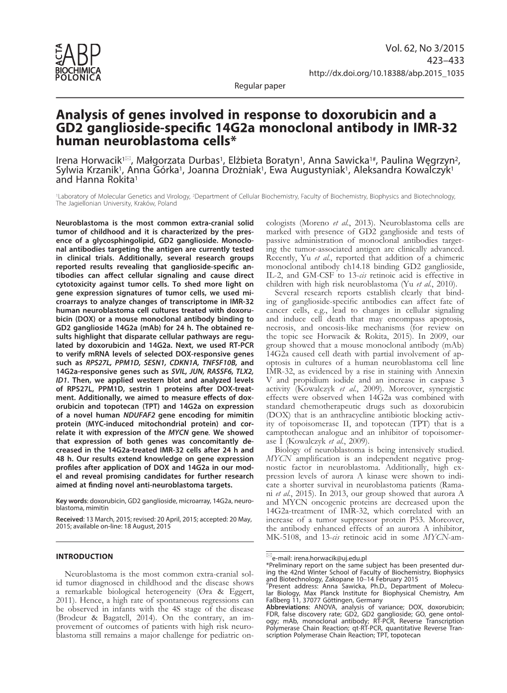 Analysis of Genes Involved in Response to Doxorubicin and a GD2