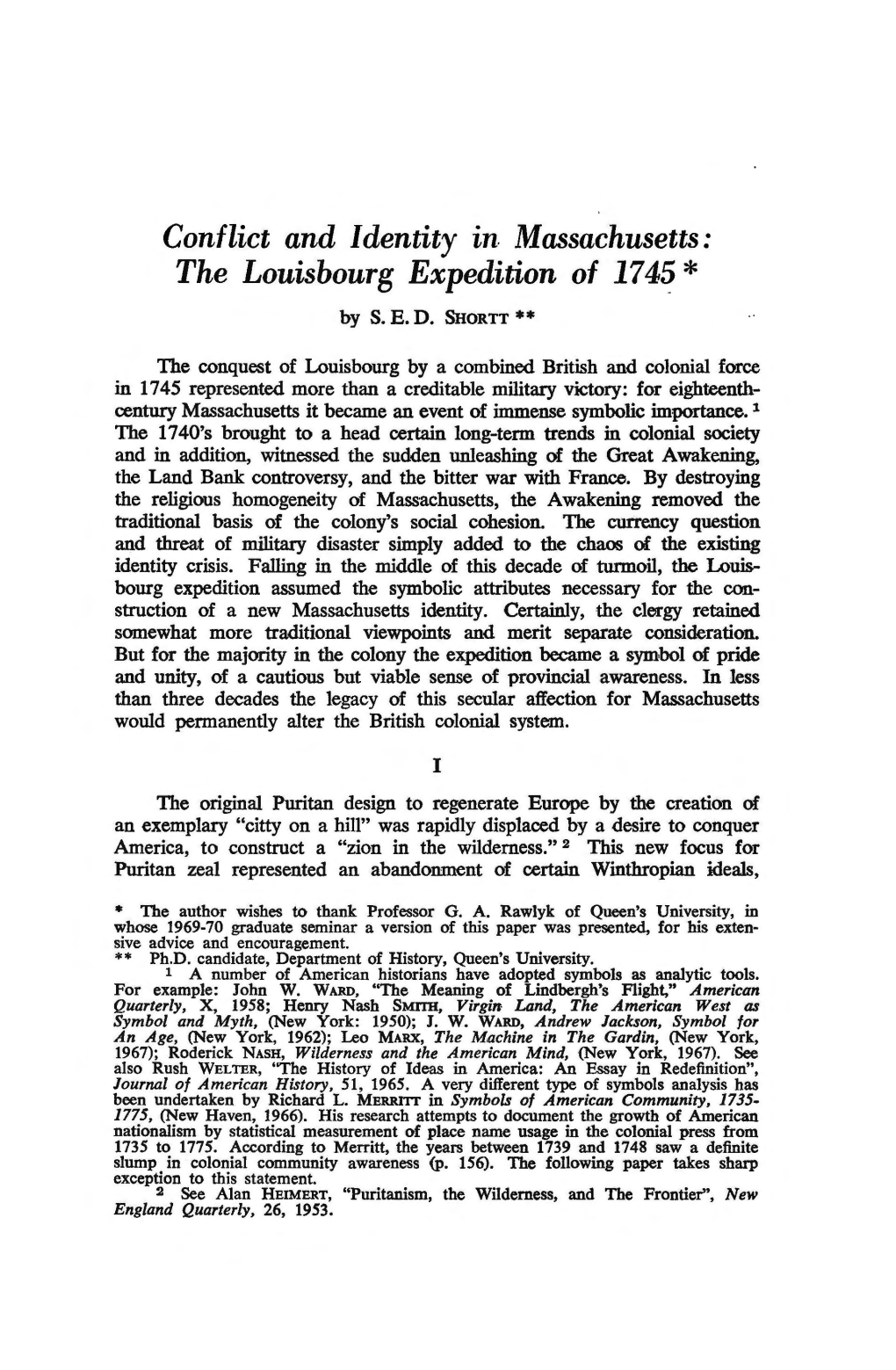 Conflict and Identity in Massachusetts: the Louisbourg Expedition of 1745 * by S