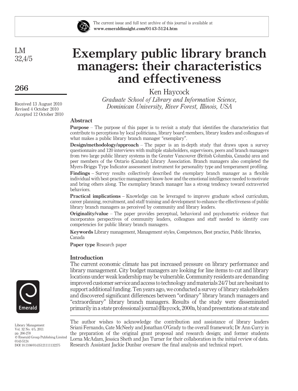Exemplary Public Library Branch Managers: Their Characteristics And