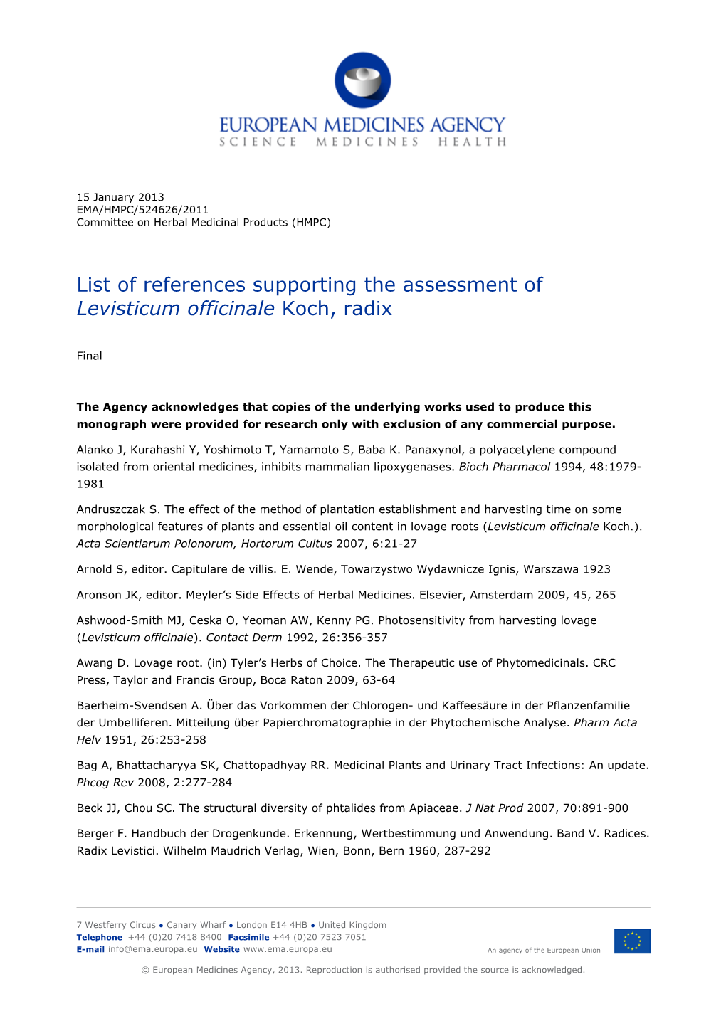 List Item Final List of References Supporting the Assessment Of