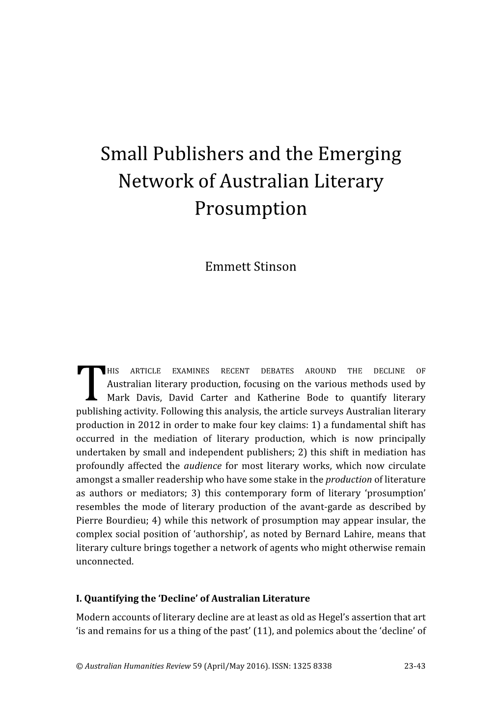 Small Publishers and the Emerging Network of Australian Literary Prosumption