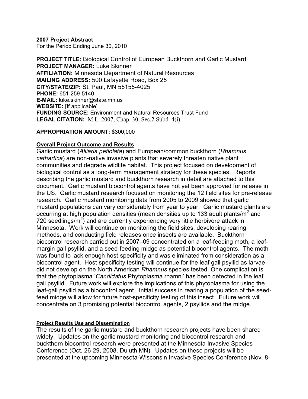 PROJECT TITLE: Biological Control of European Buckthorn And