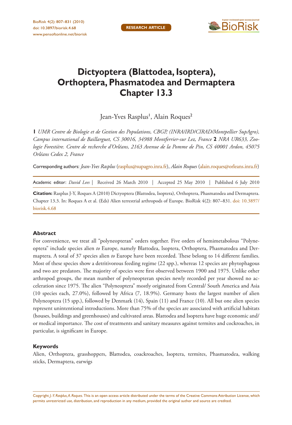 Dictyoptera (Blattodea, Isoptera), Orthoptera, Phasmatodea and Dermaptera Chapter 13.3