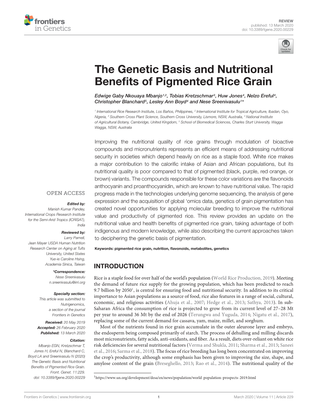 The Genetic Basis and Nutritional Benefits of Pigmented Rice Grain