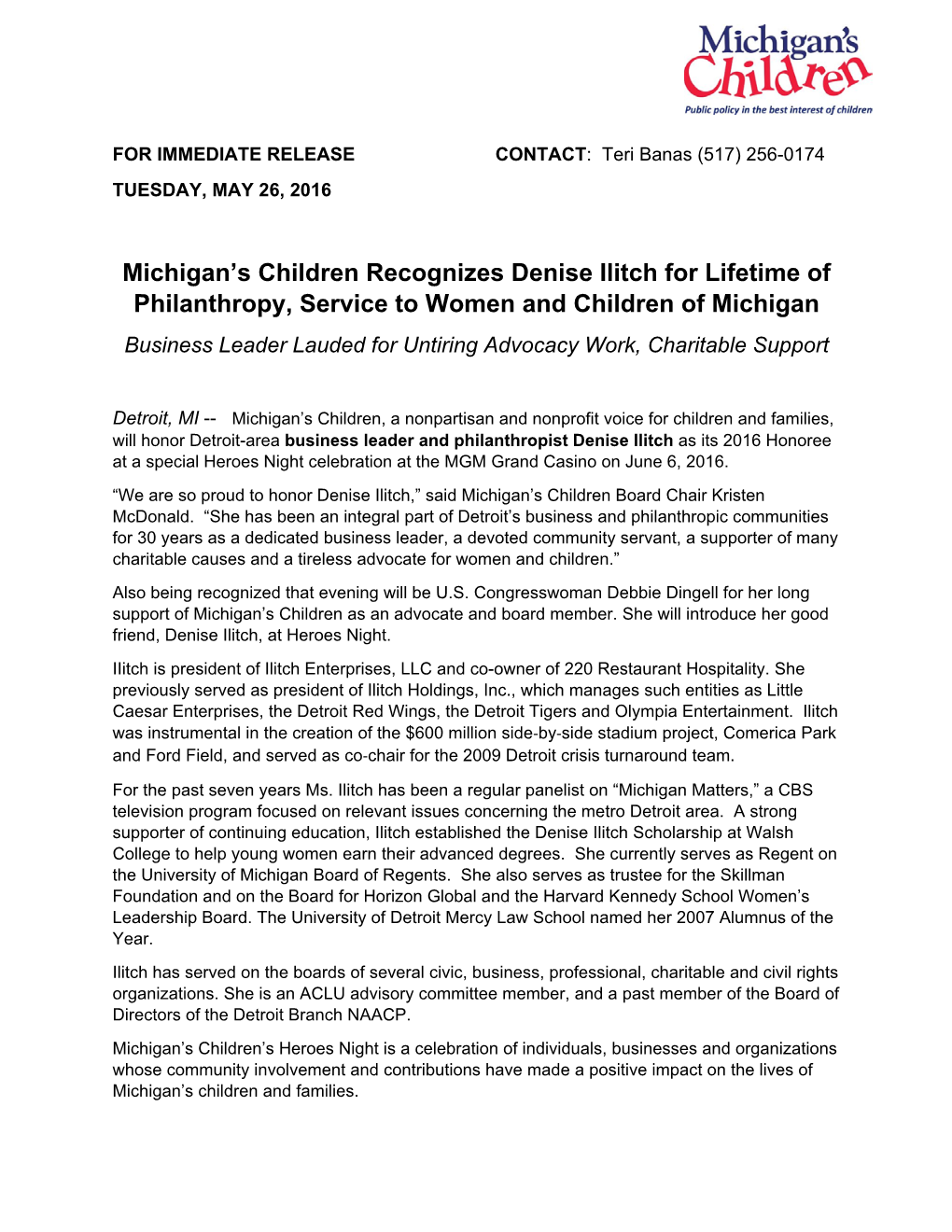 Michigan's Children Recognizes Denise Ilitch for Lifetime of Philanthropy, Service to Women and Children of Michigan