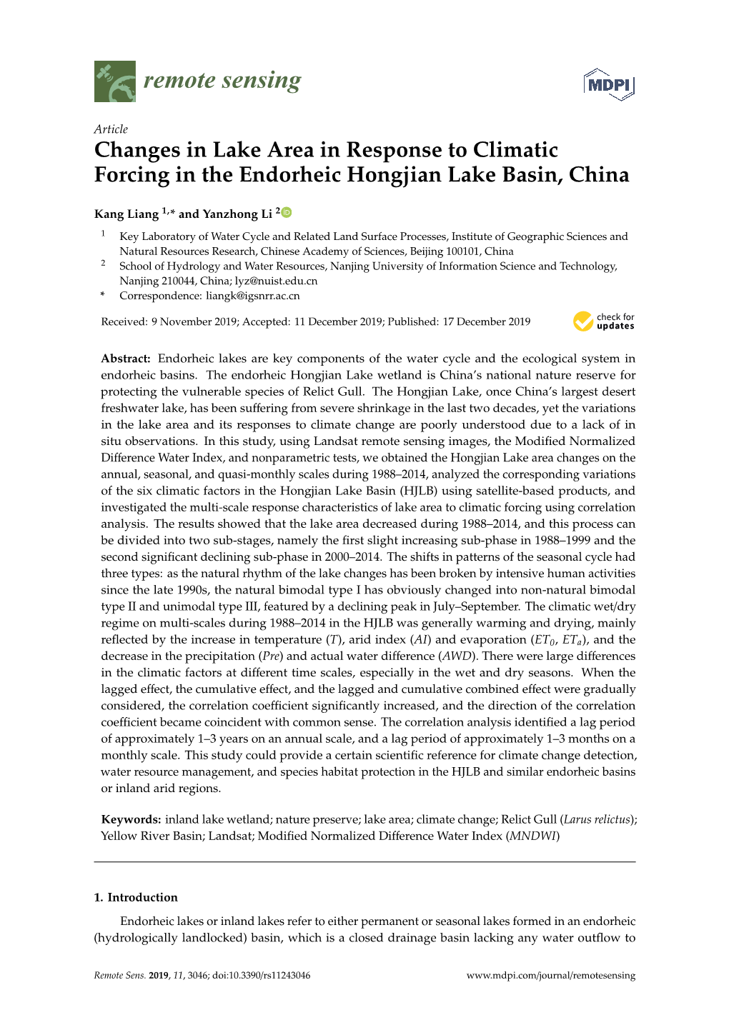 Changes in Lake Area in Response to Climatic Forcing in the Endorheic Hongjian Lake Basin, China