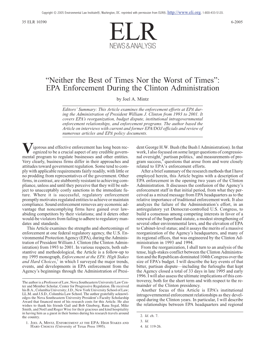 EPA Enforcement During the Clinton Administration NEWS&ANALYSIS