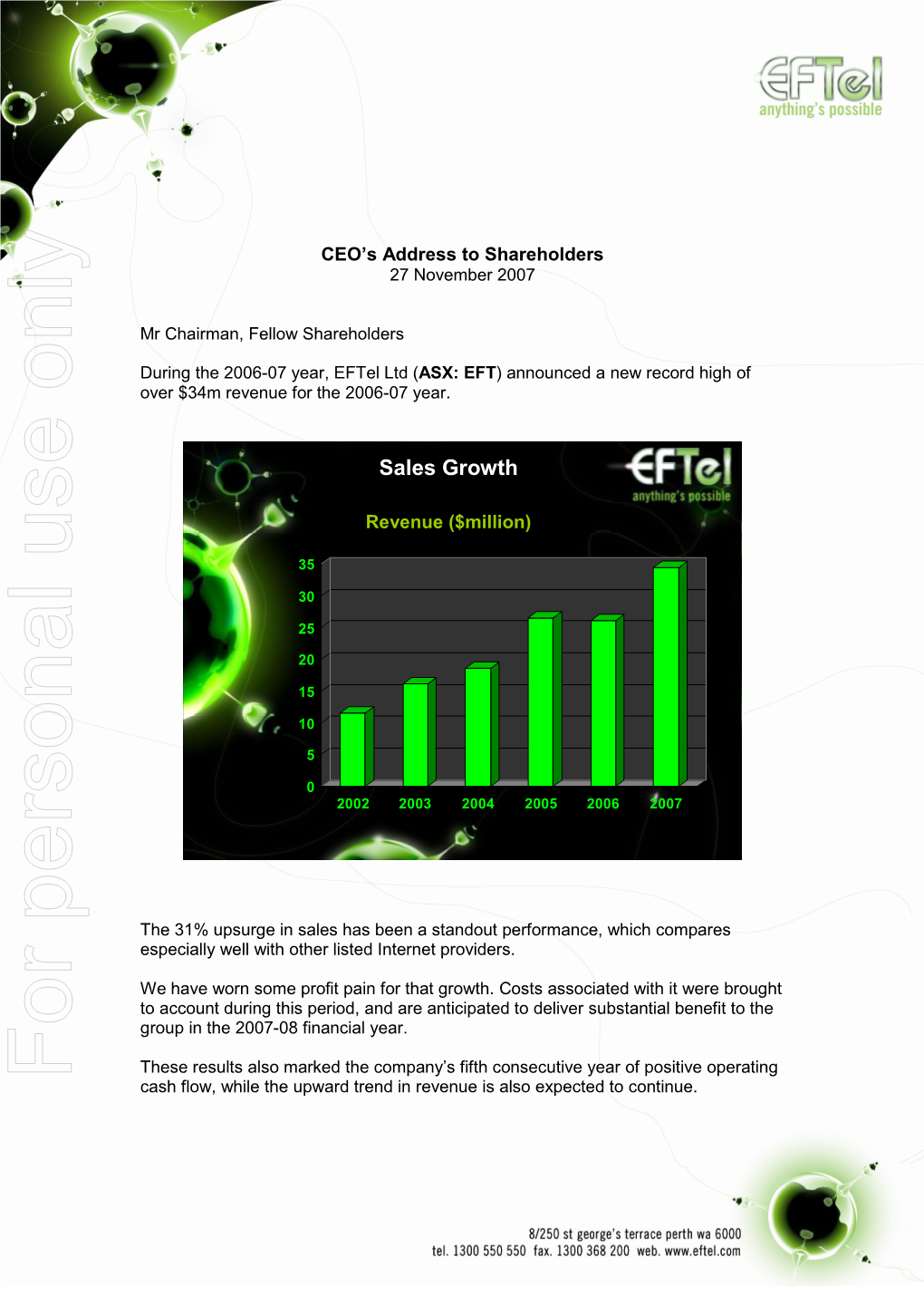 For Personal Use Only Use Personal for Cash Flow, While the Upward Trend in Revenue Is Also Expected to Continue