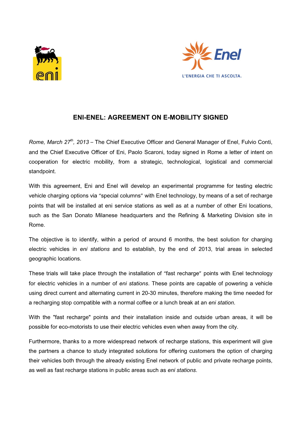 Eni-Enel: Agreement on E-Mobility Signed