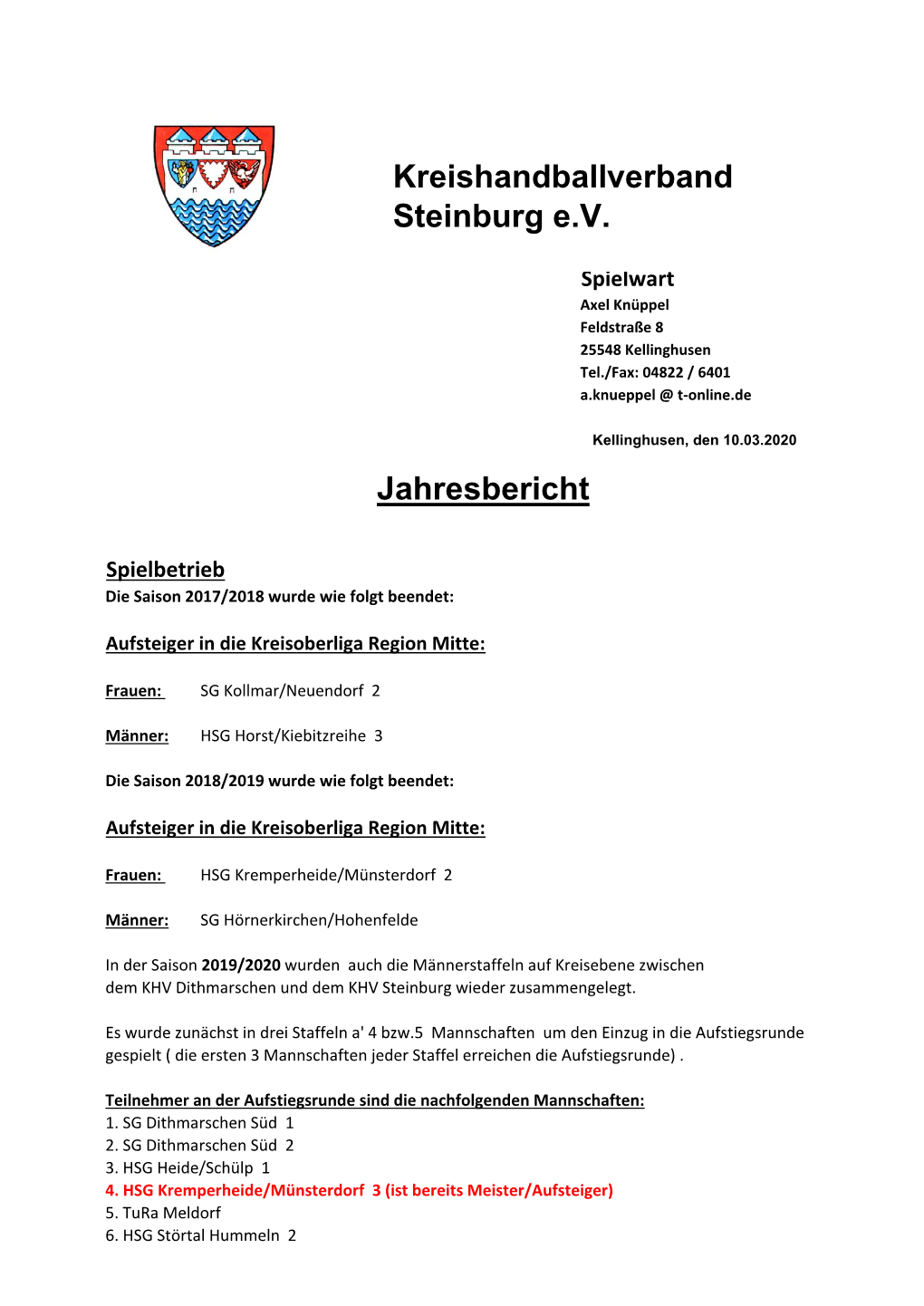 Kreishandballverband Steinburg Ev Jahresbericht