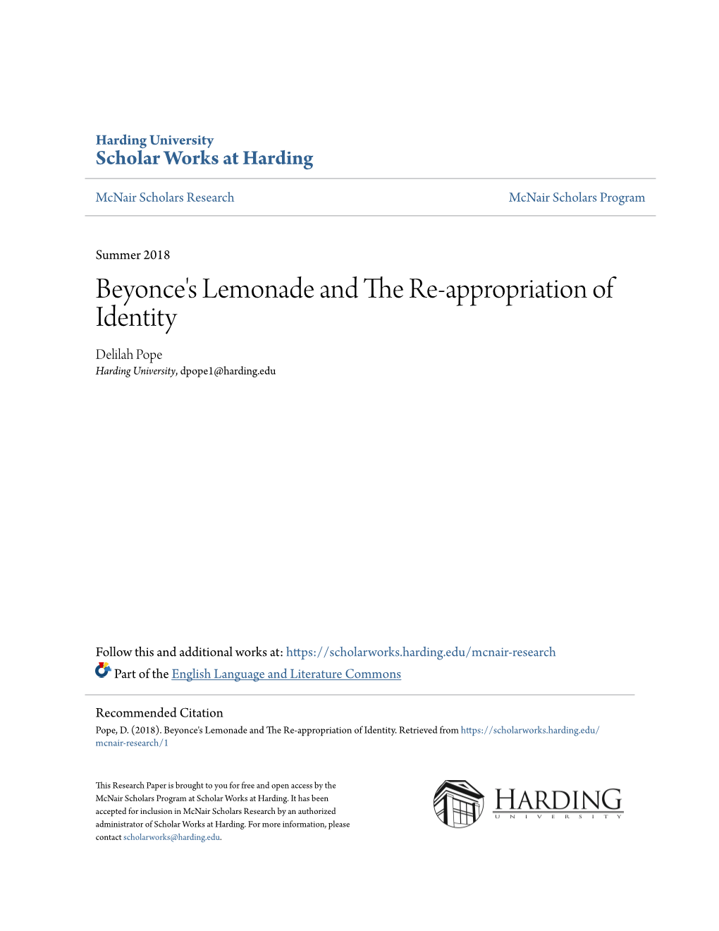 Beyonce's Lemonade and the Re-Appropriation of Identity Delilah Pope Harding University, Dpope1@Harding.Edu