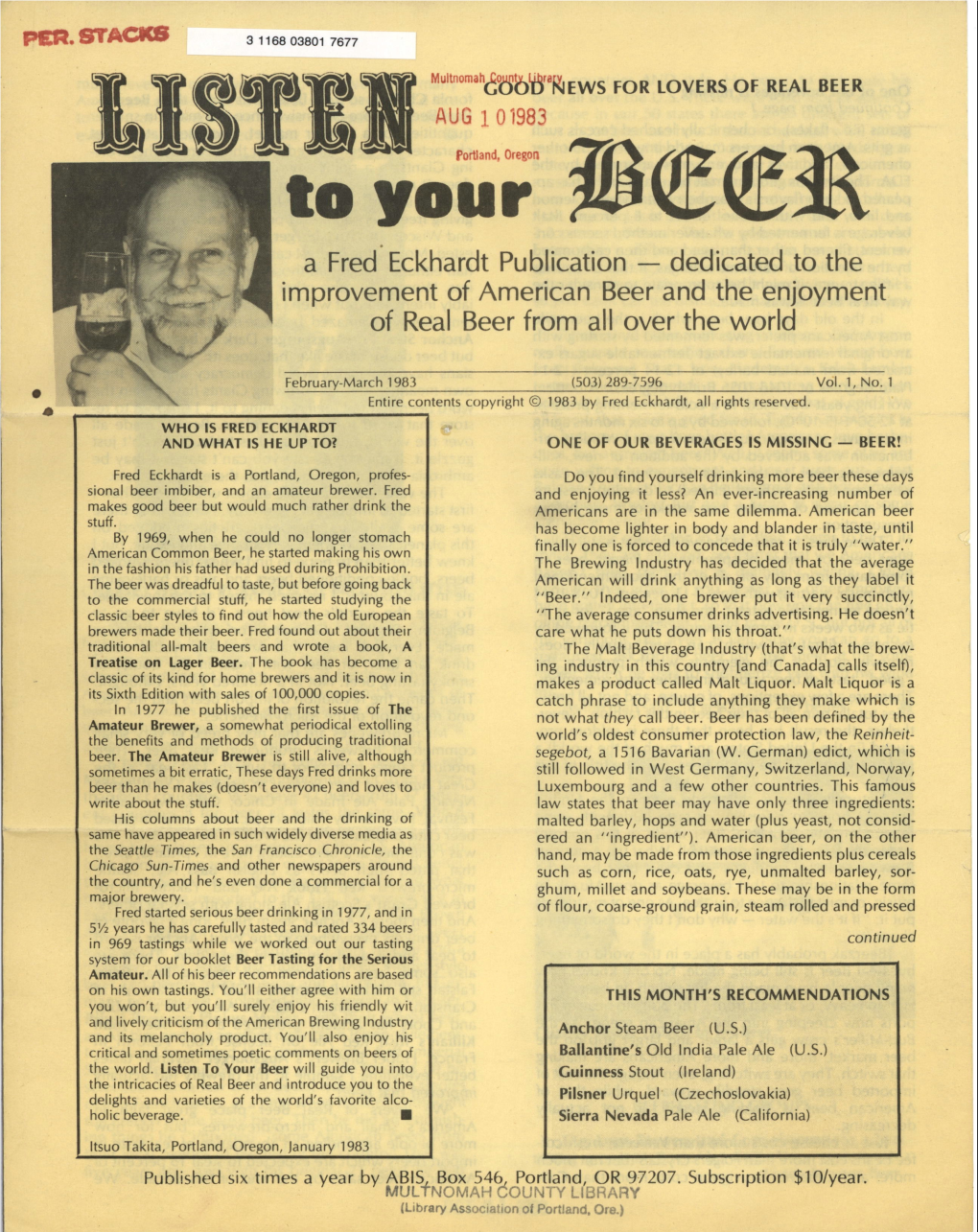 To Your Pe« a Fred Eckhardt Publication — Dedicated to the Mprovement of American Beer and the Enjoyment of Real Beer from All Over the World