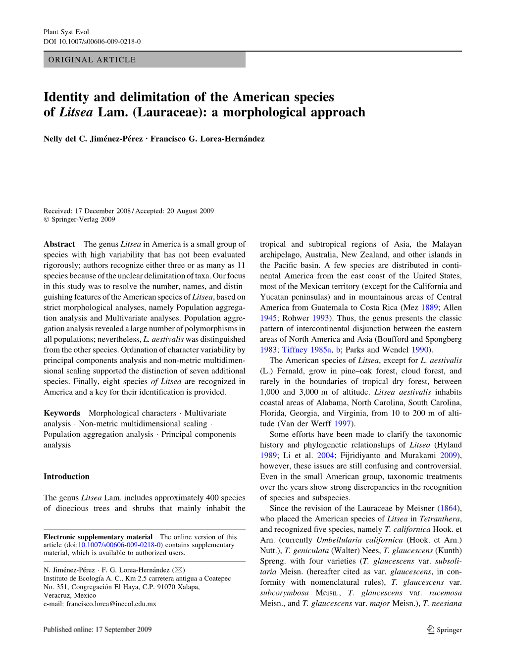 Identity and Delimitation of the American Species of Litsea Lam