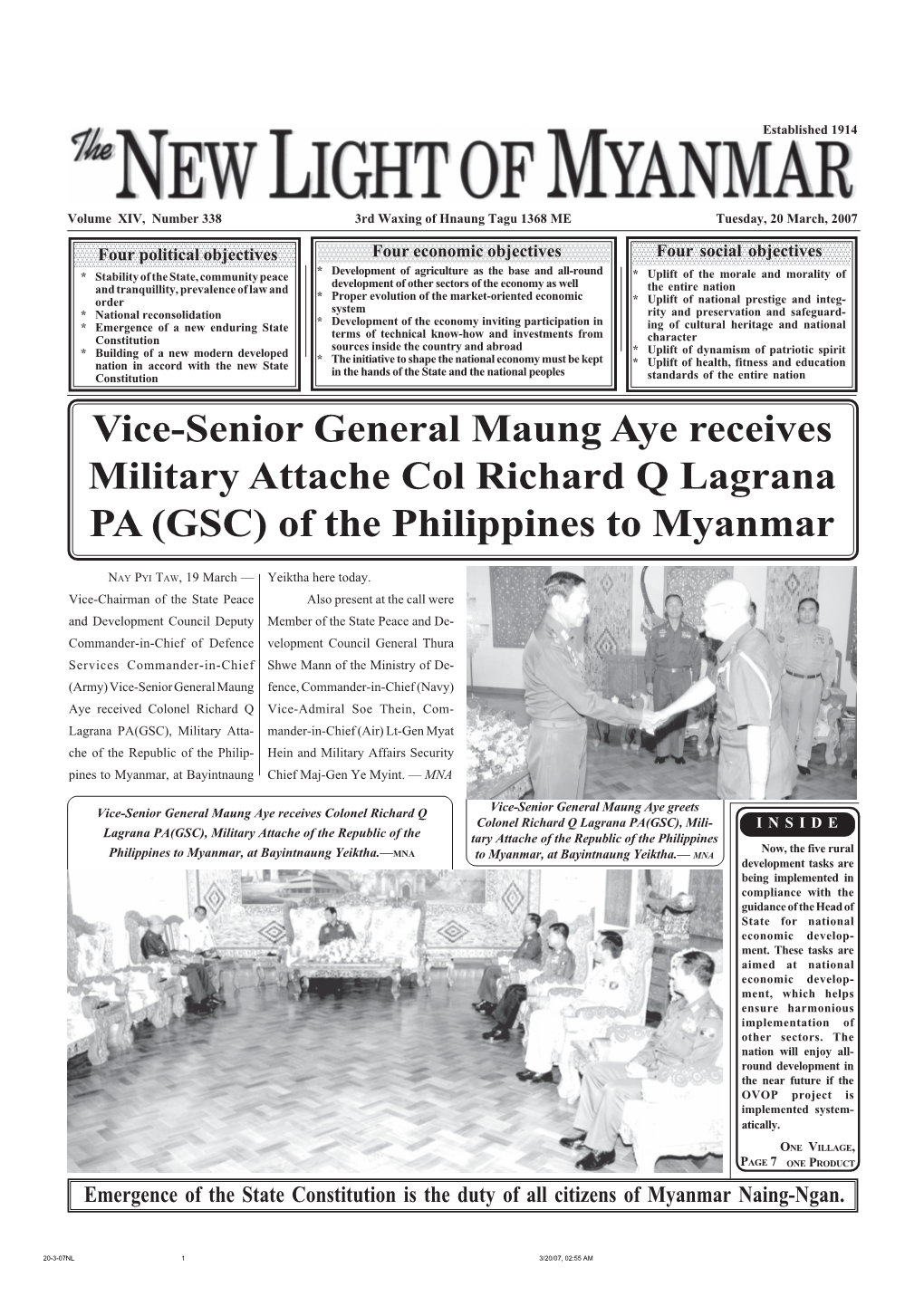 Vice-Senior General Maung Aye Receives Military Attache Col Richard Q Lagrana PA (GSC) of the Philippines to Myanmar