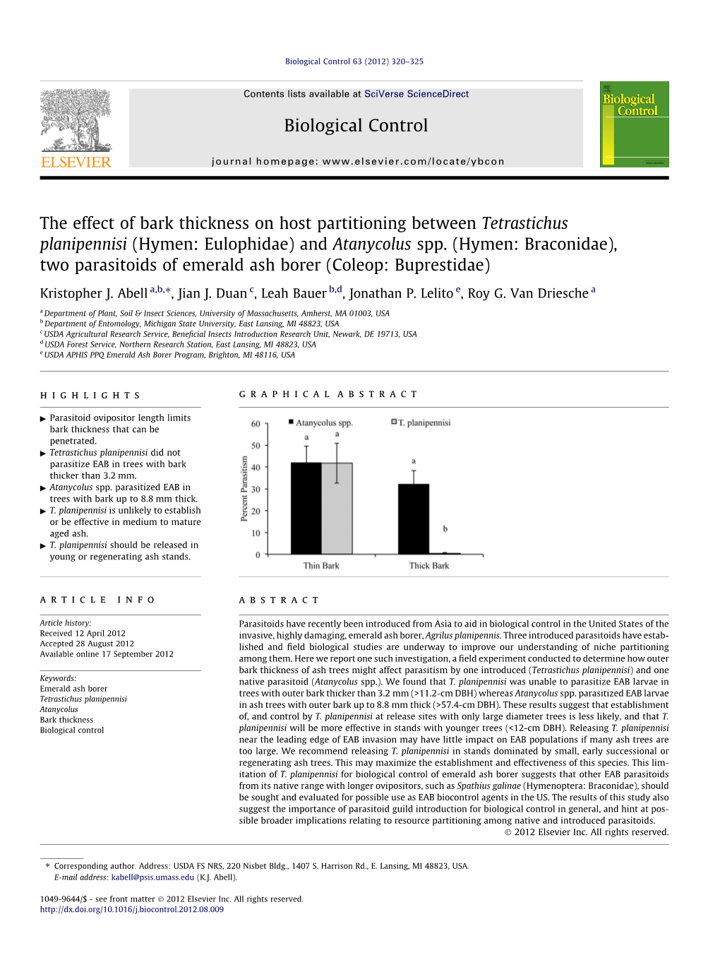 Tetrastichus Planipennisi (Hymen: Eulophidae) and Atanycolus Spp