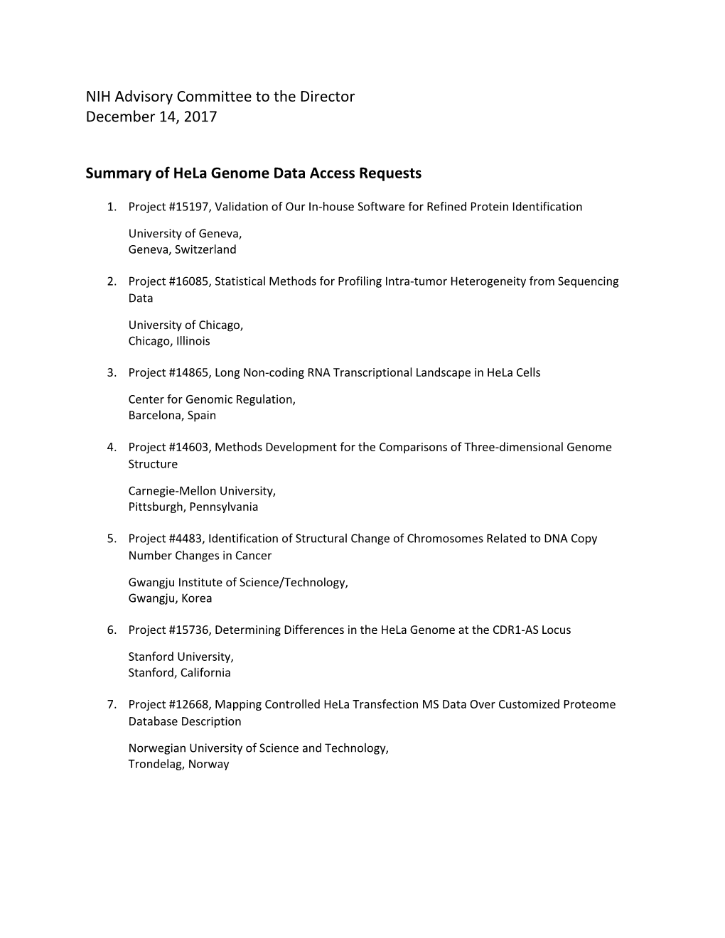 Summary of Hela Genome Data Access Requests