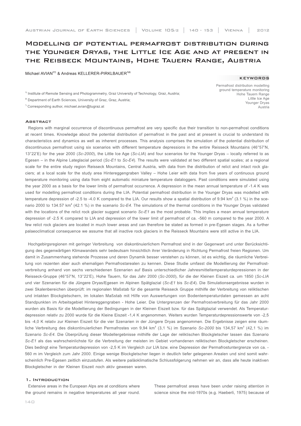 Modelling of Potential Permafrost Distribution During the Younger Dryas, the Little Ice Age and at Present in the Reisseck Mountains, Hohe Tauern Range, Austria__