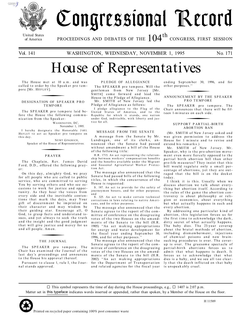 Congressional Record United States Th of America PROCEEDINGS and DEBATES of the 104 CONGRESS, FIRST SESSION