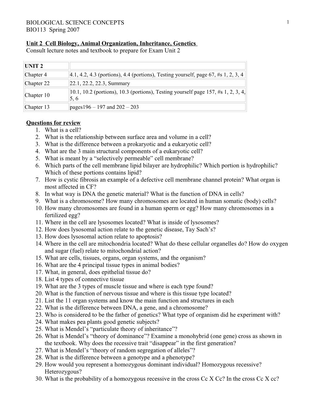 Unit 2 Cell Biology, Animal Organization, Inheritance, Genetics