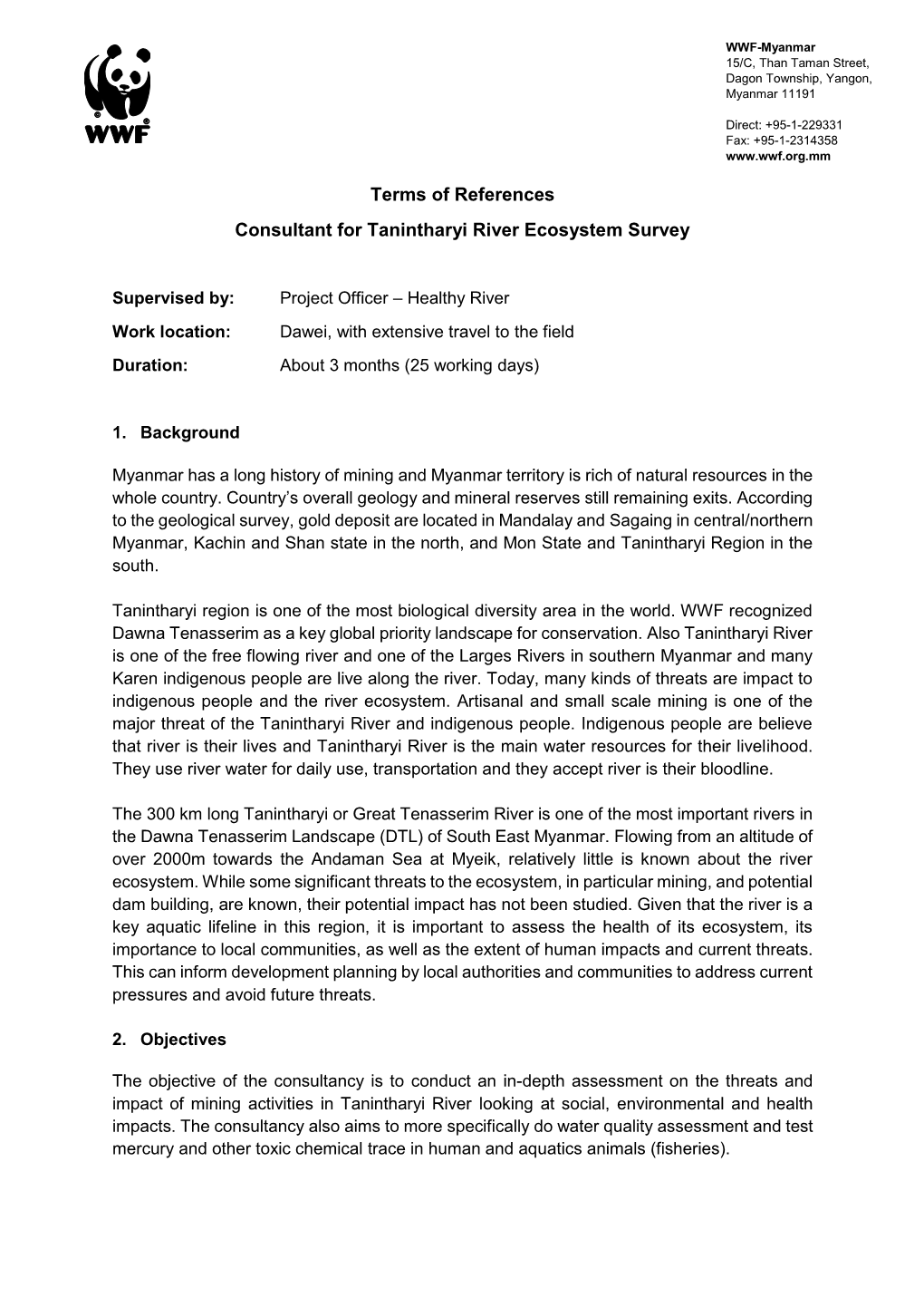 Terms of References Consultant for Tanintharyi River Ecosystem Survey