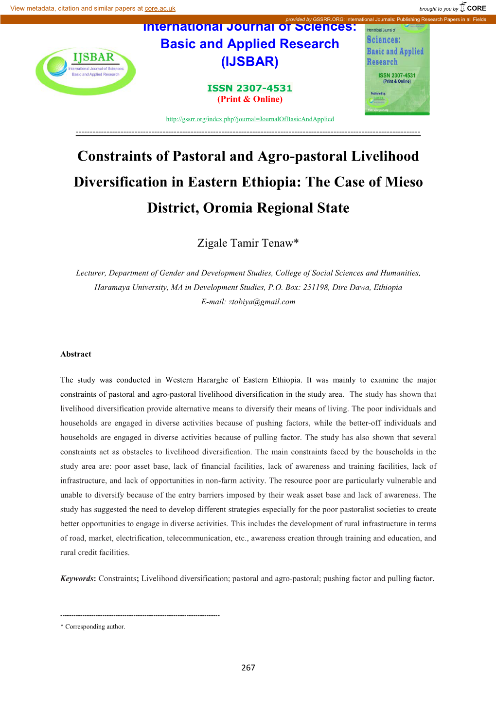 Constraints of Pastoral and Agro-Pastoral Livelihood Diversification in Eastern Ethiopia: the Case of Mieso District, Oromia Regional State