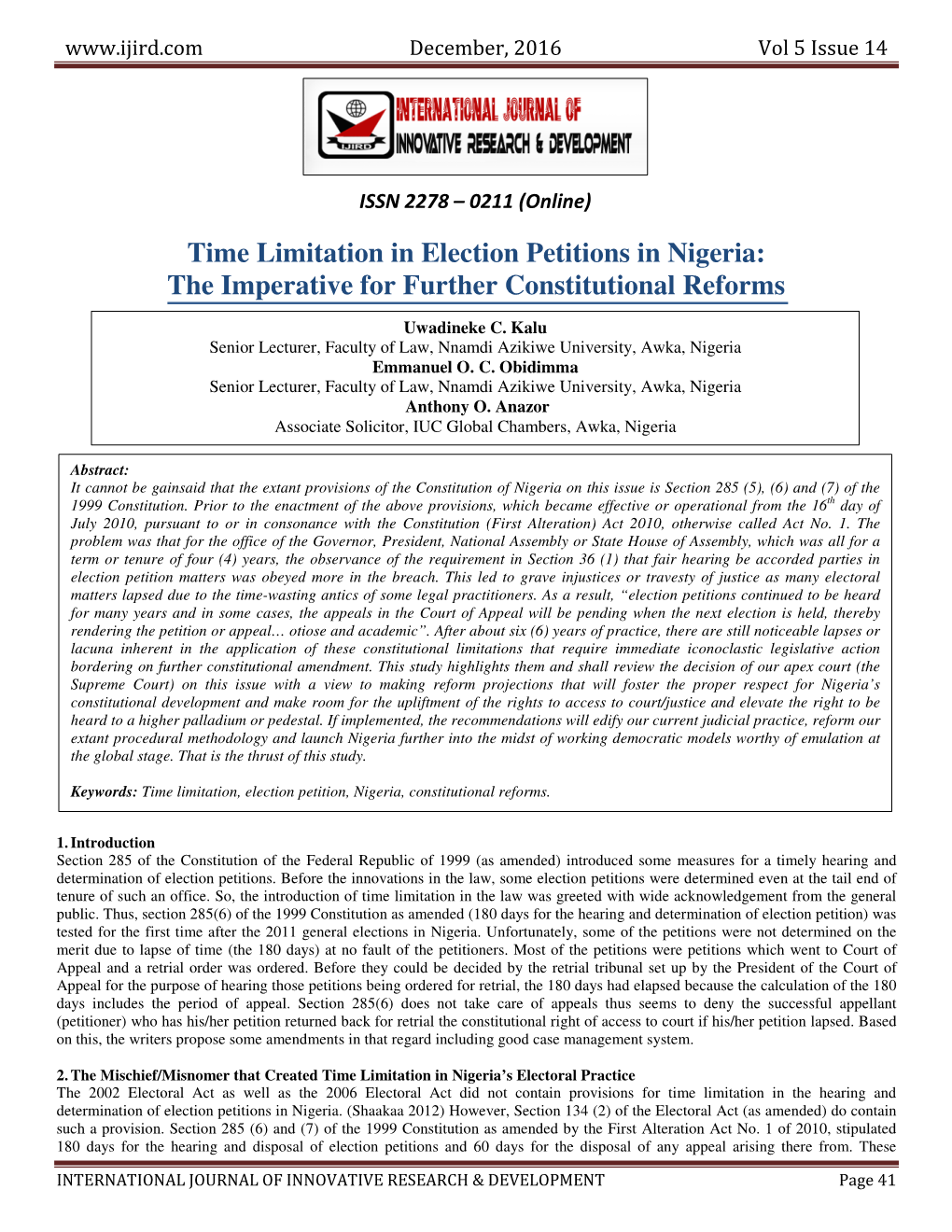 Time Limitation in Election Petitions in Nigeria: the Imperative for Further Constitutional Reforms