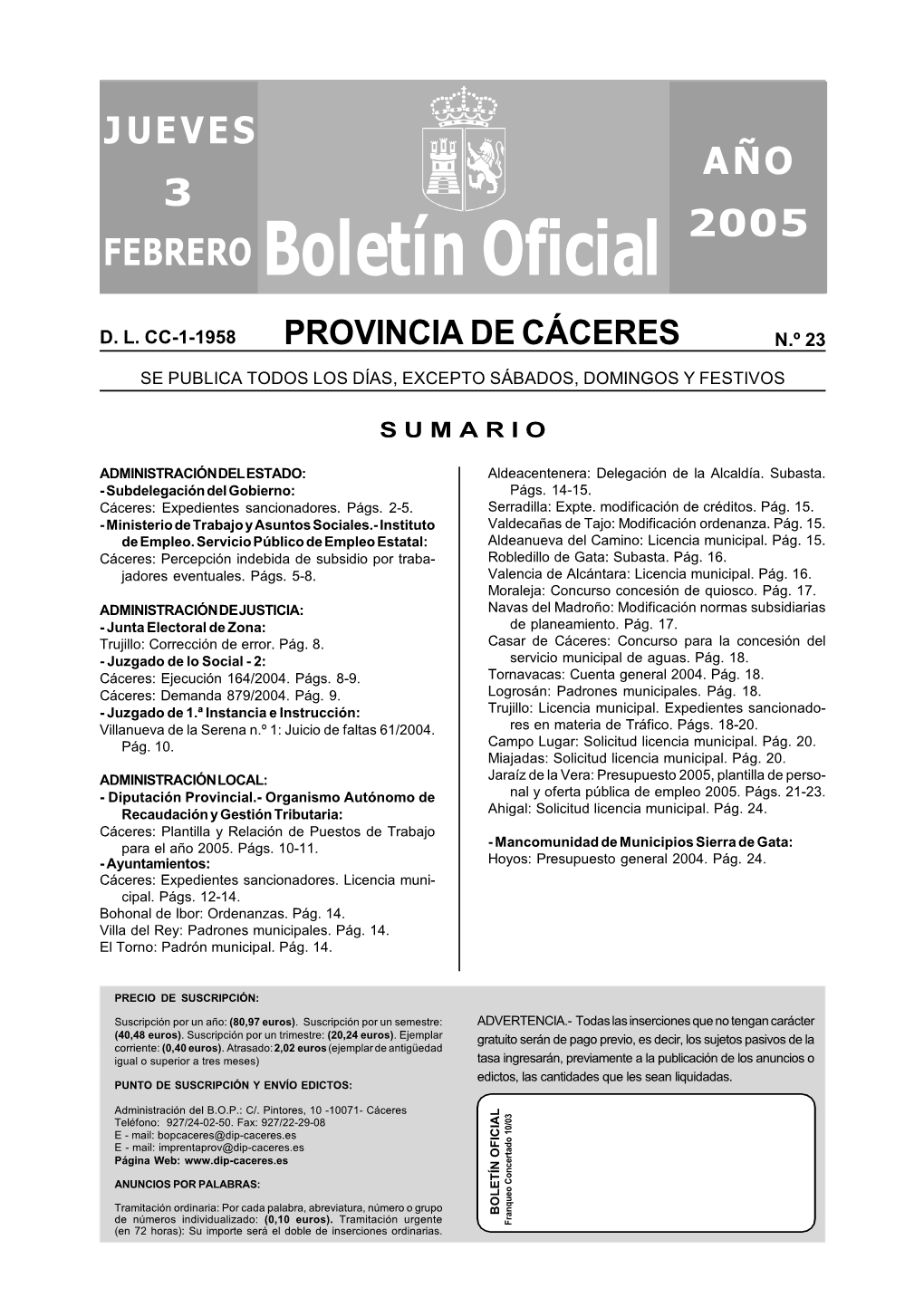 Boletín Oficial JUEVES AÑO 2005