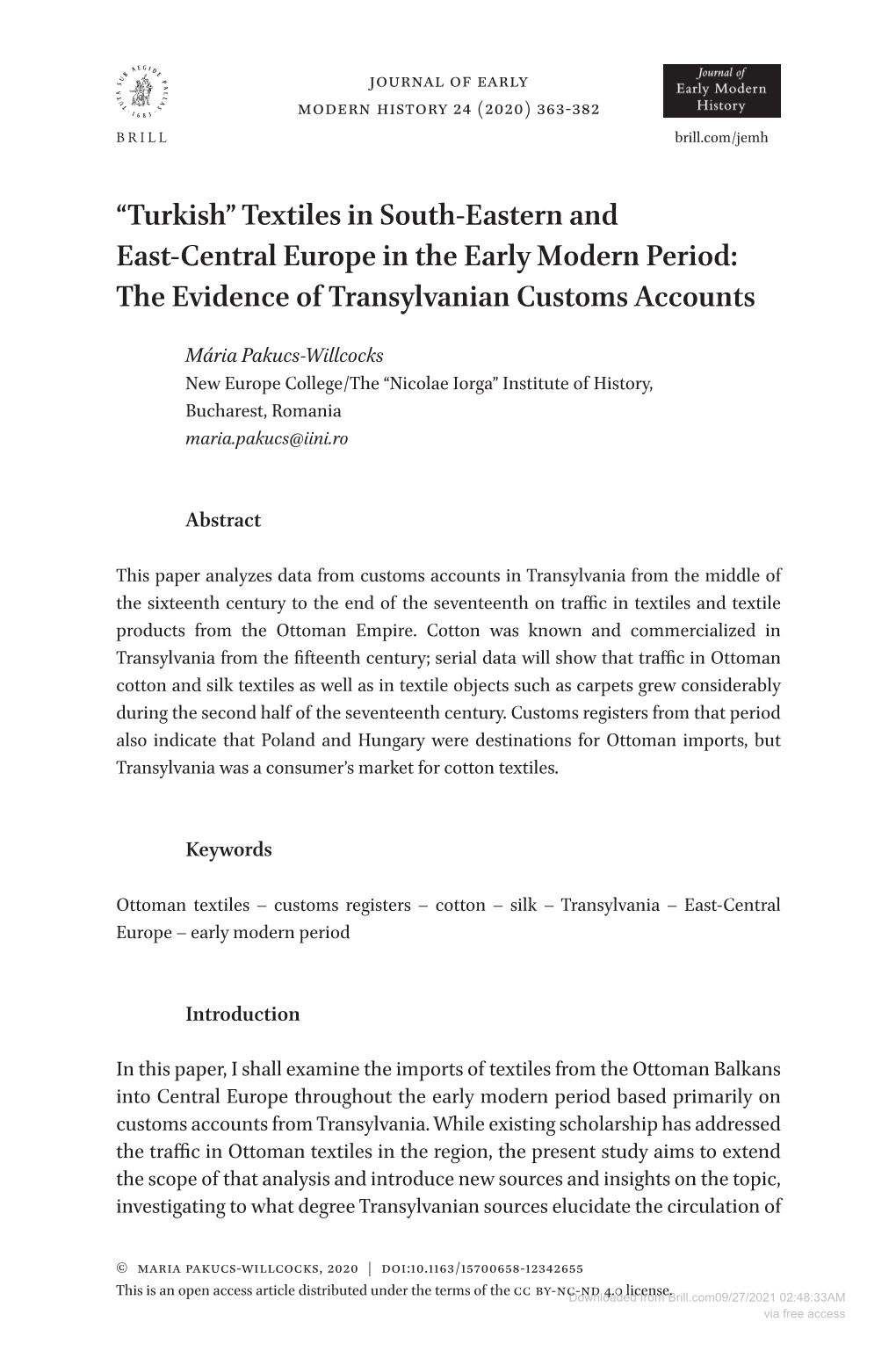 Textiles in South-Eastern and East-Central Europe in the Early Modern Period: the Evidence of Transylvanian Customs Accounts
