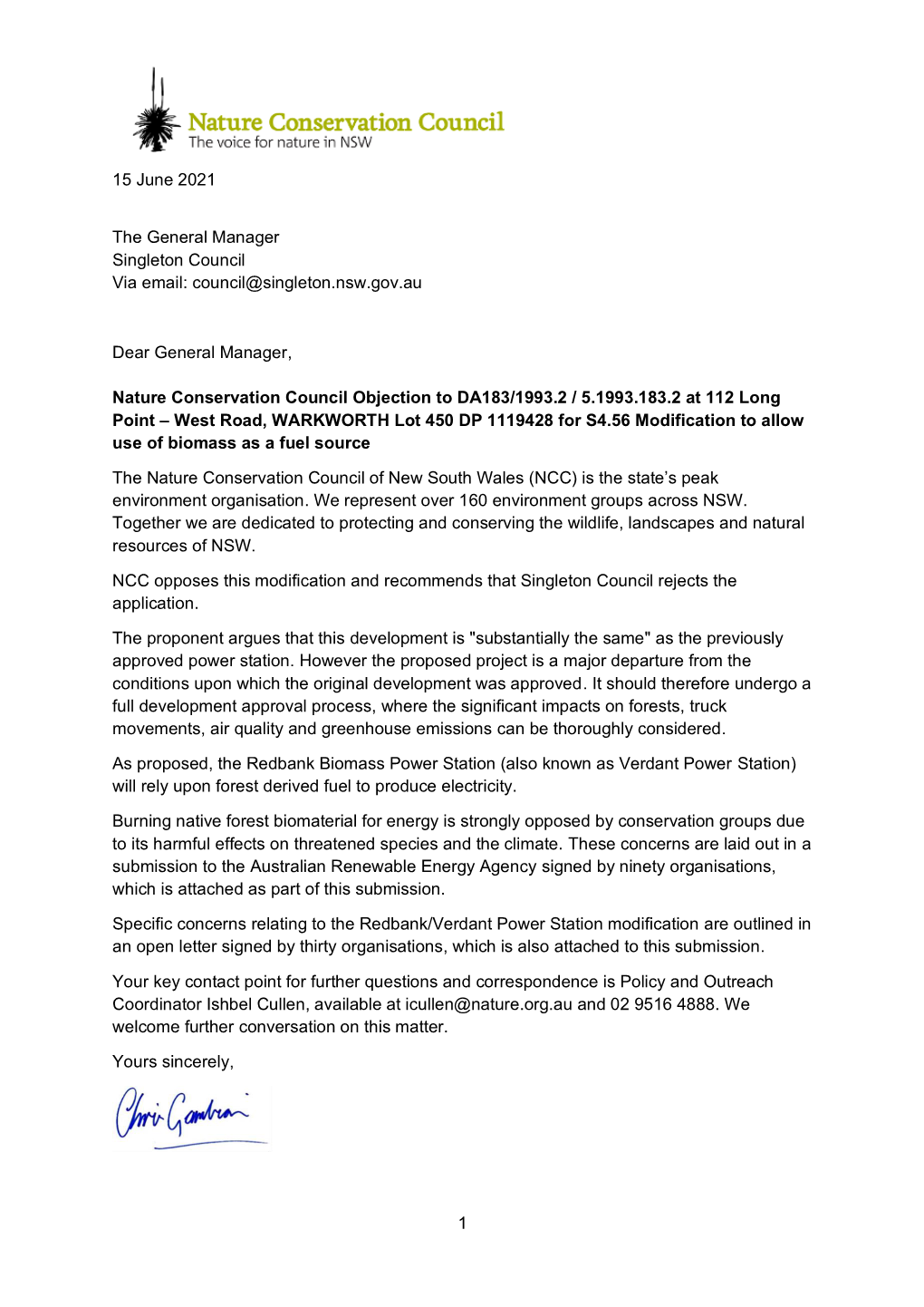 NCC Submission to Singleton Council RE: Redbank Biomass Power Station