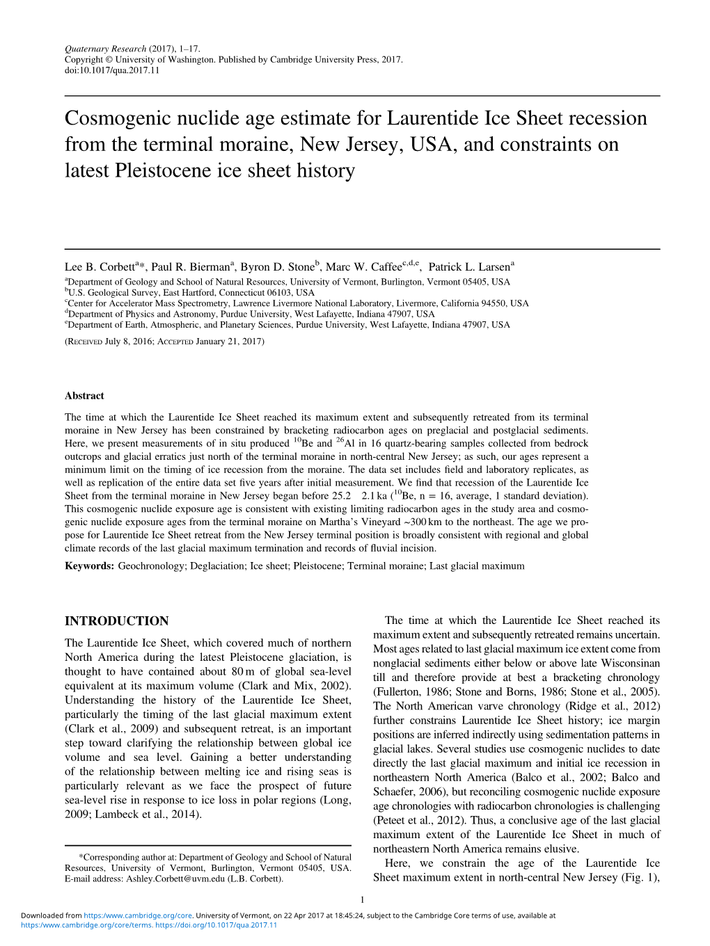 Cosmogenic Nuclide Age Estimate for Laurentide Ice Sheet Recession from the Terminal Moraine, New Jersey, USA, and Constraints on Latest Pleistocene Ice Sheet History