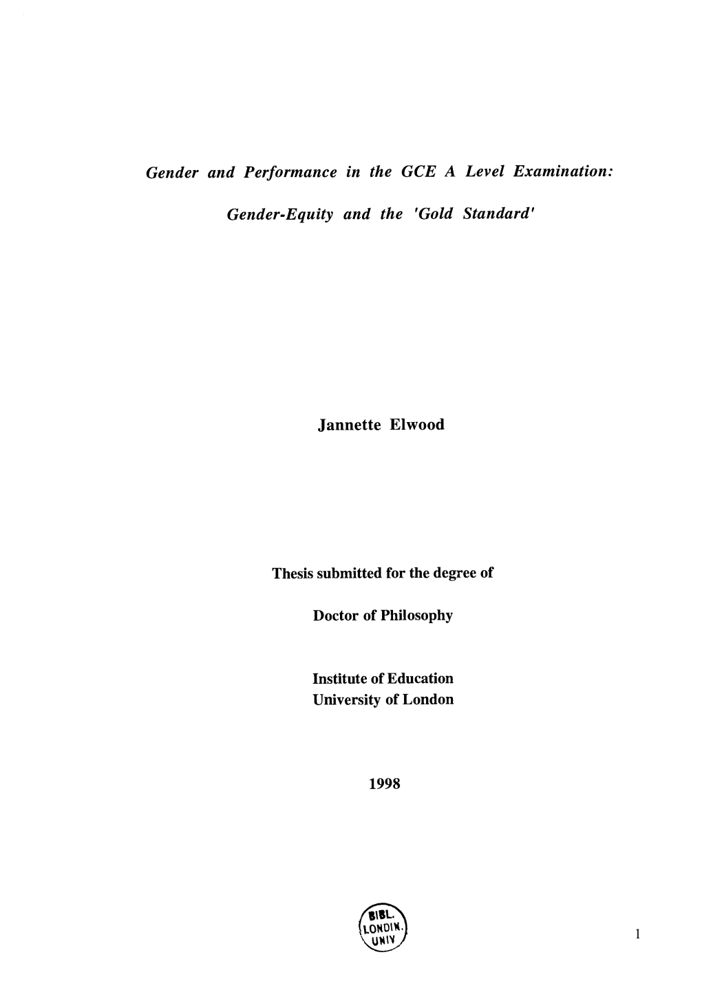 Gender and Performance in the GCE a Level Examination