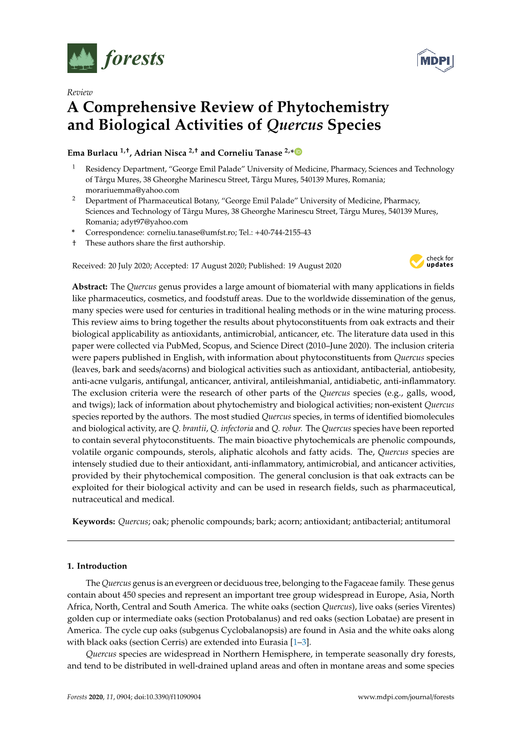 A Comprehensive Review of Phytochemistry and Biological Activities of Quercus Species