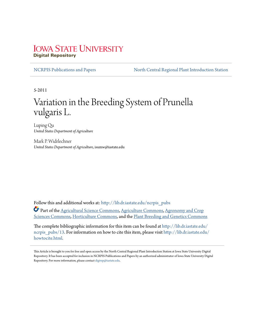 Variation in the Breeding System of Prunella Vulgaris L. Luping Qu United States Department of Agriculture