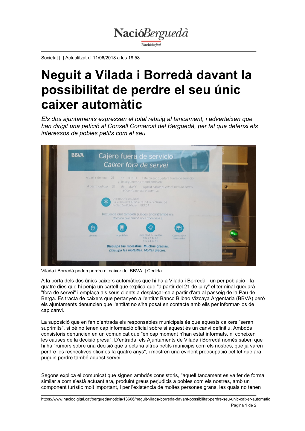 Neguit a Vilada I Borredà Davant La Possibilitat De Perdre El Seu Únic