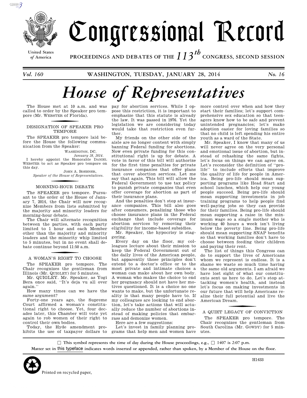 Congressional Record United States Th of America PROCEEDINGS and DEBATES of the 113 CONGRESS, SECOND SESSION