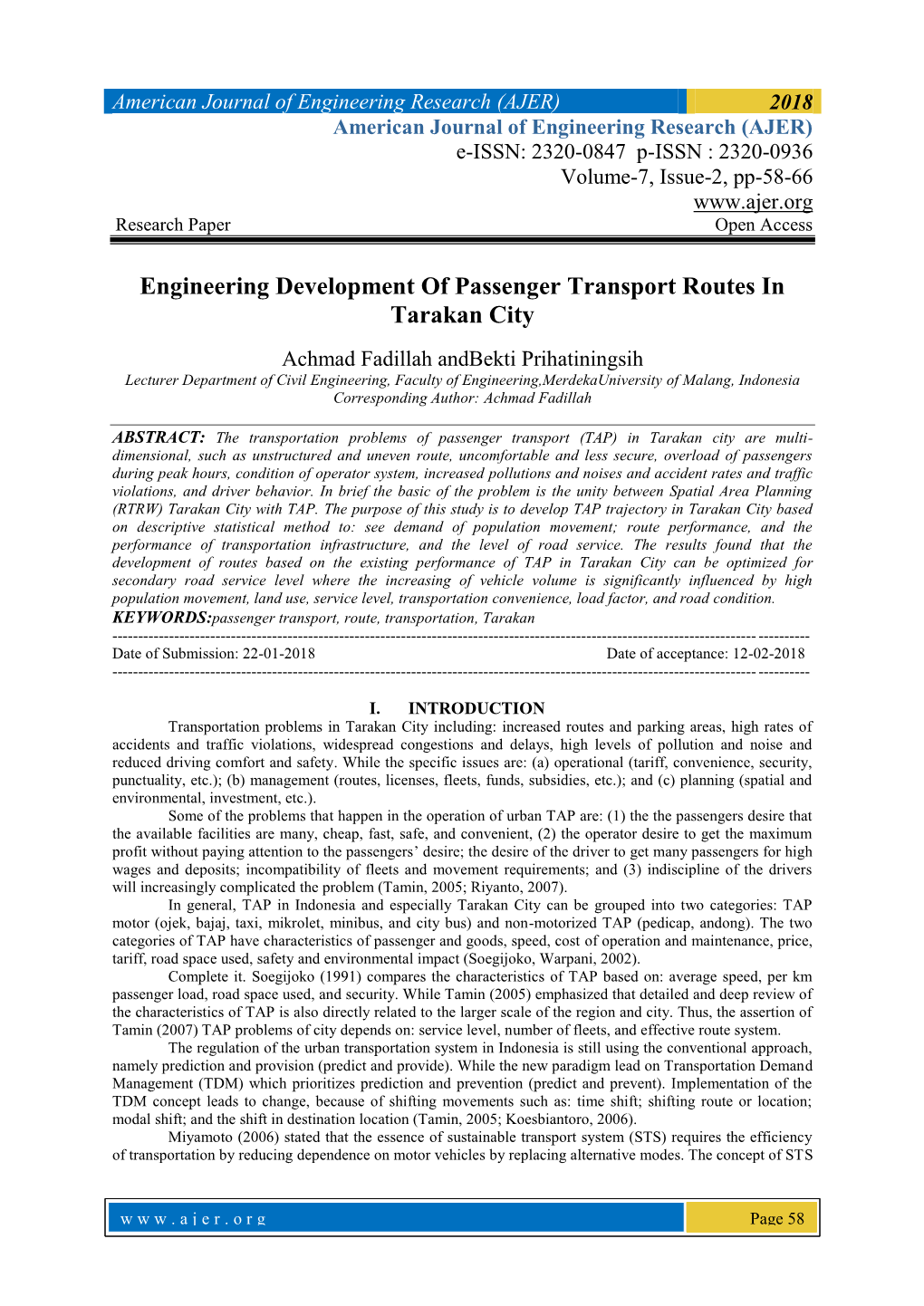 Engineering Development of Passenger Transport Routes in Tarakan City