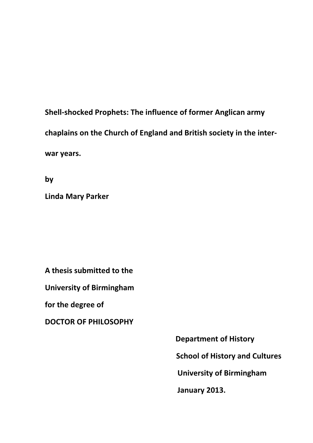 The Influence of Former Anglican Army Chaplains on the Church of England and British Society in the Inter- War Years