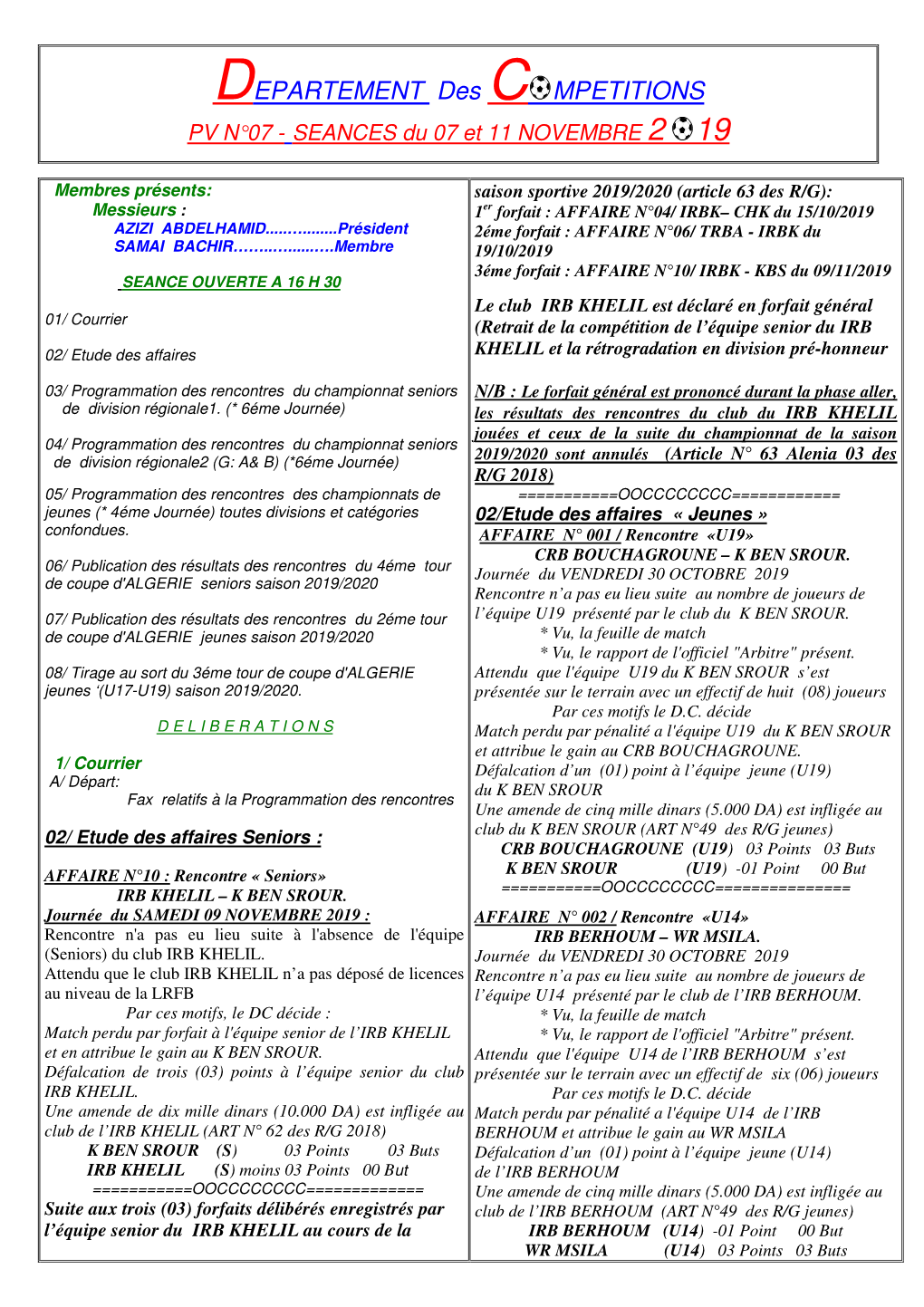 DEPARTEMENT Des C MPETITIONS PV N°07 - SEANCES Du 07 Et 11 NOVEMBRE 2 19