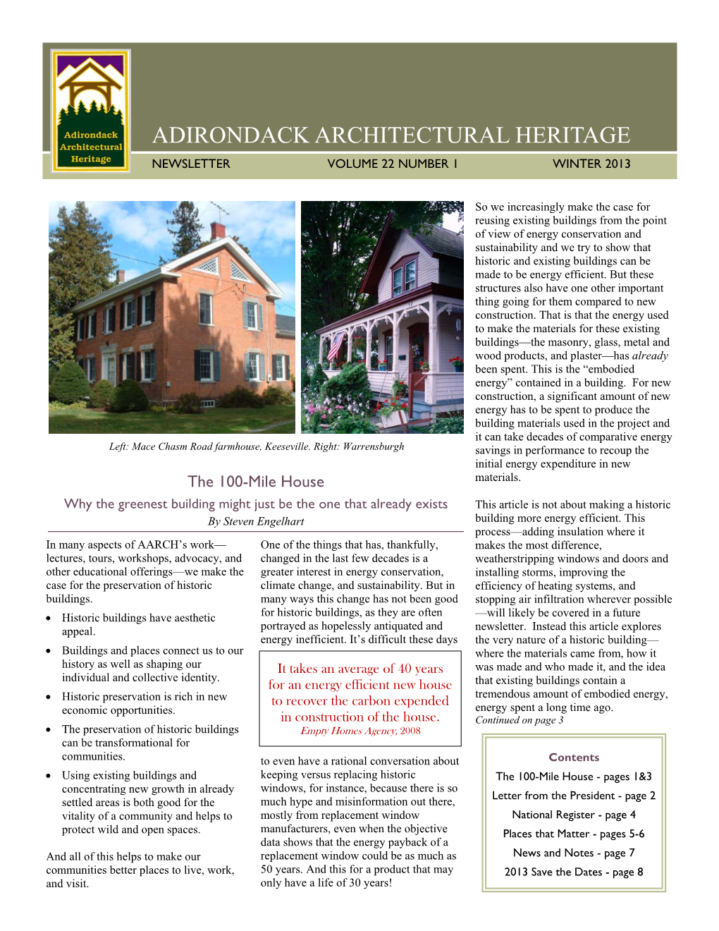 Adirondack Architectural Heritage Newsletter Volume 22 Number 1 Winter 2013